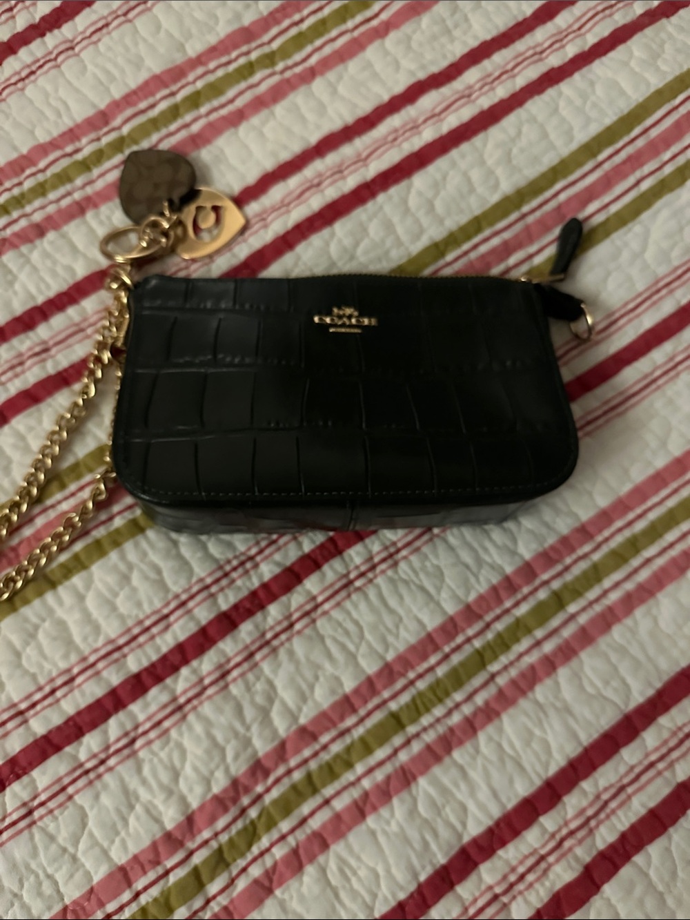 Coach dark green Croc-Embossed Crossbody with Gold Chain